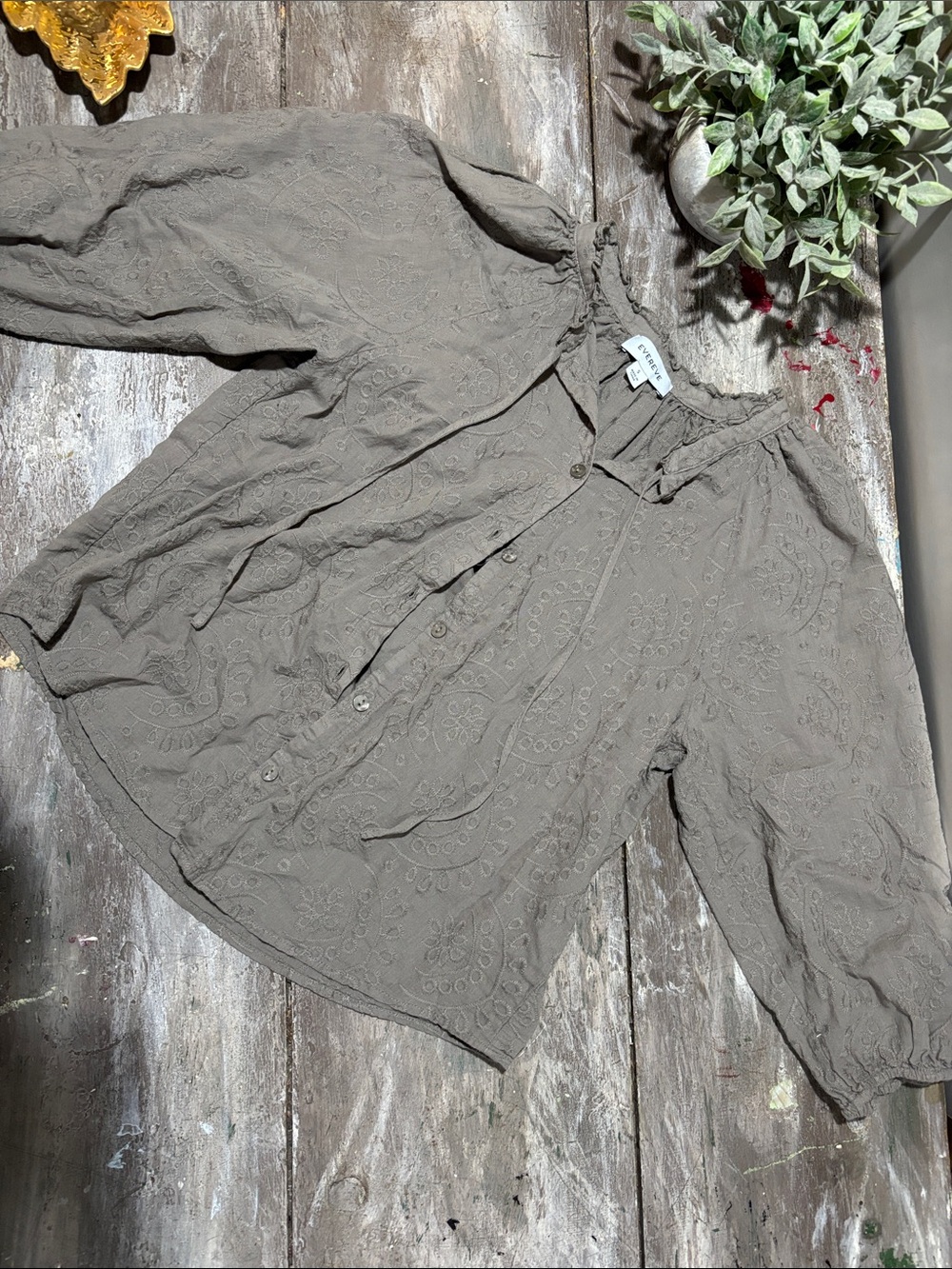 Evereve Palmer Embroidered Eyelet Button-Down Peasant Blouse
